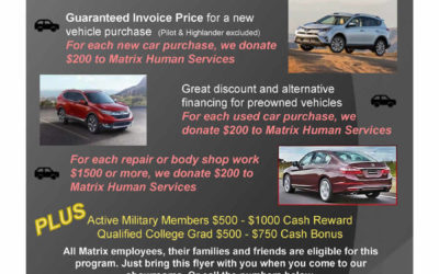 Exclusive Friends & Family Deals from Page Honda & Page Toyota offer support to Matrix Human Services